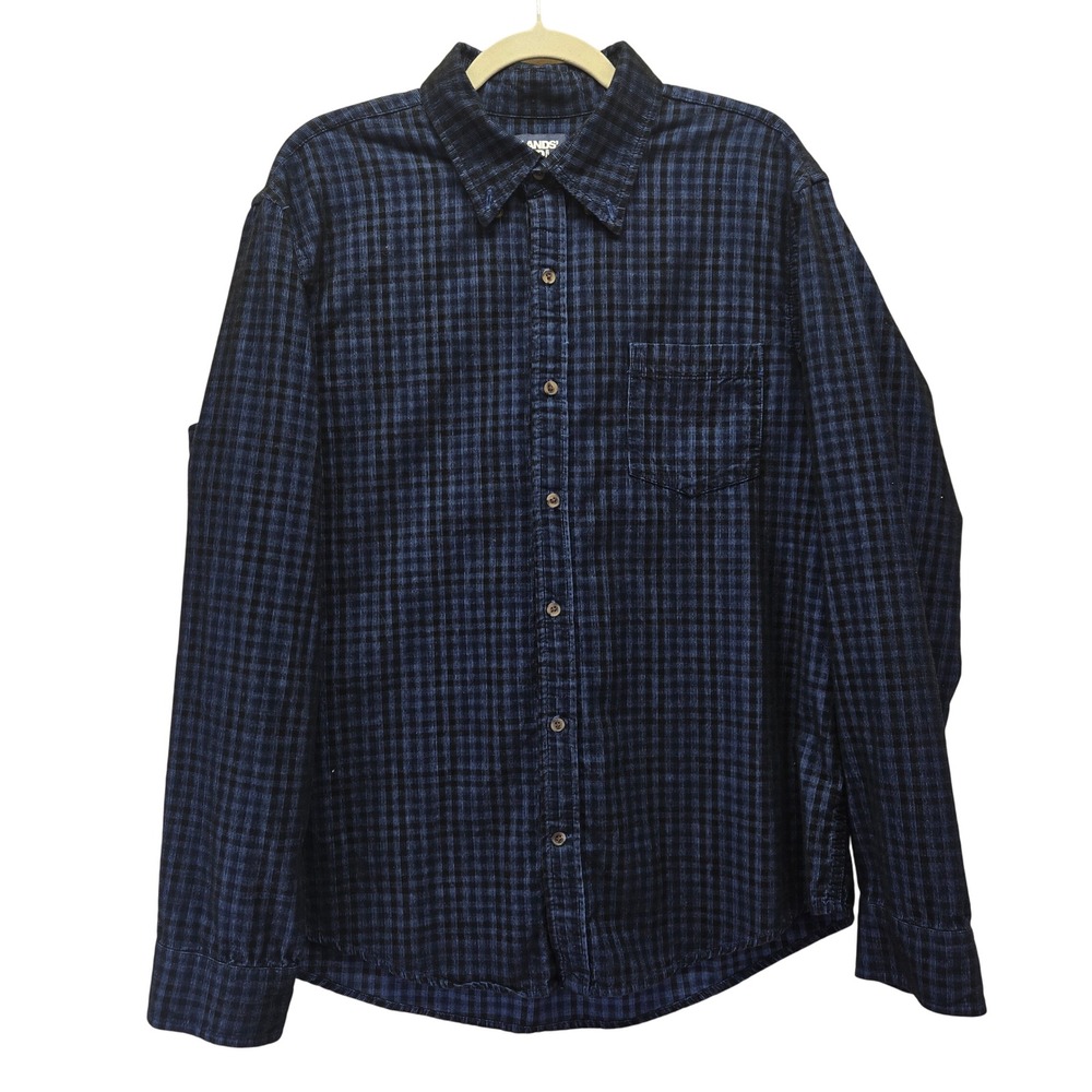 Lands End Mens Fine Corduroy Long Sleeve Blue Plaid‎ Button Up Shirt Large